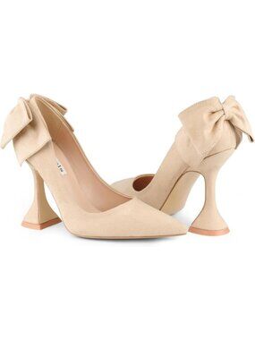 Women's Beige Bow(Suede) Flare Heels Pointed Closed Toe Chunky Pumps Party Shoes